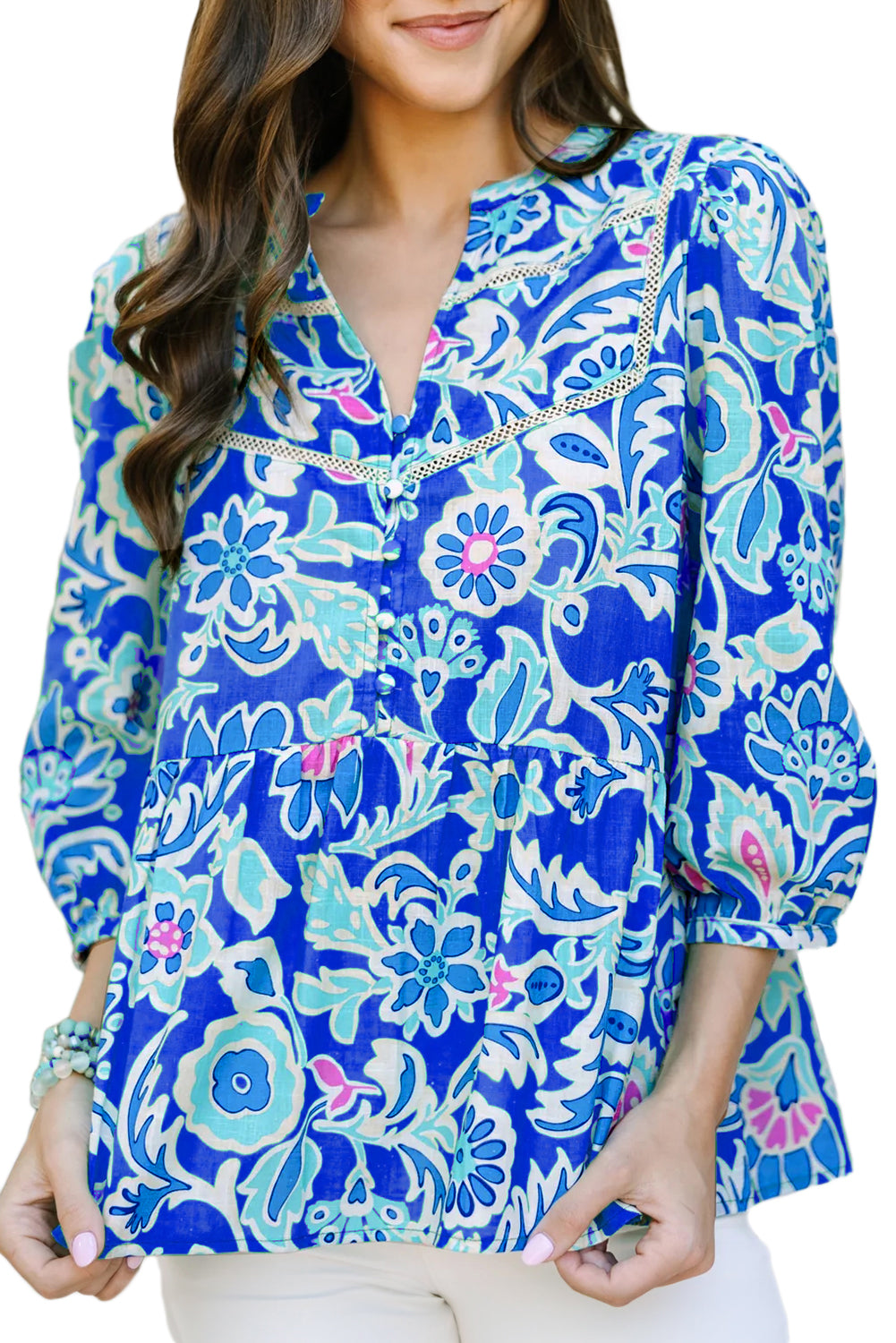 Blue Boho Floral Print V Neck Peplum Blouse