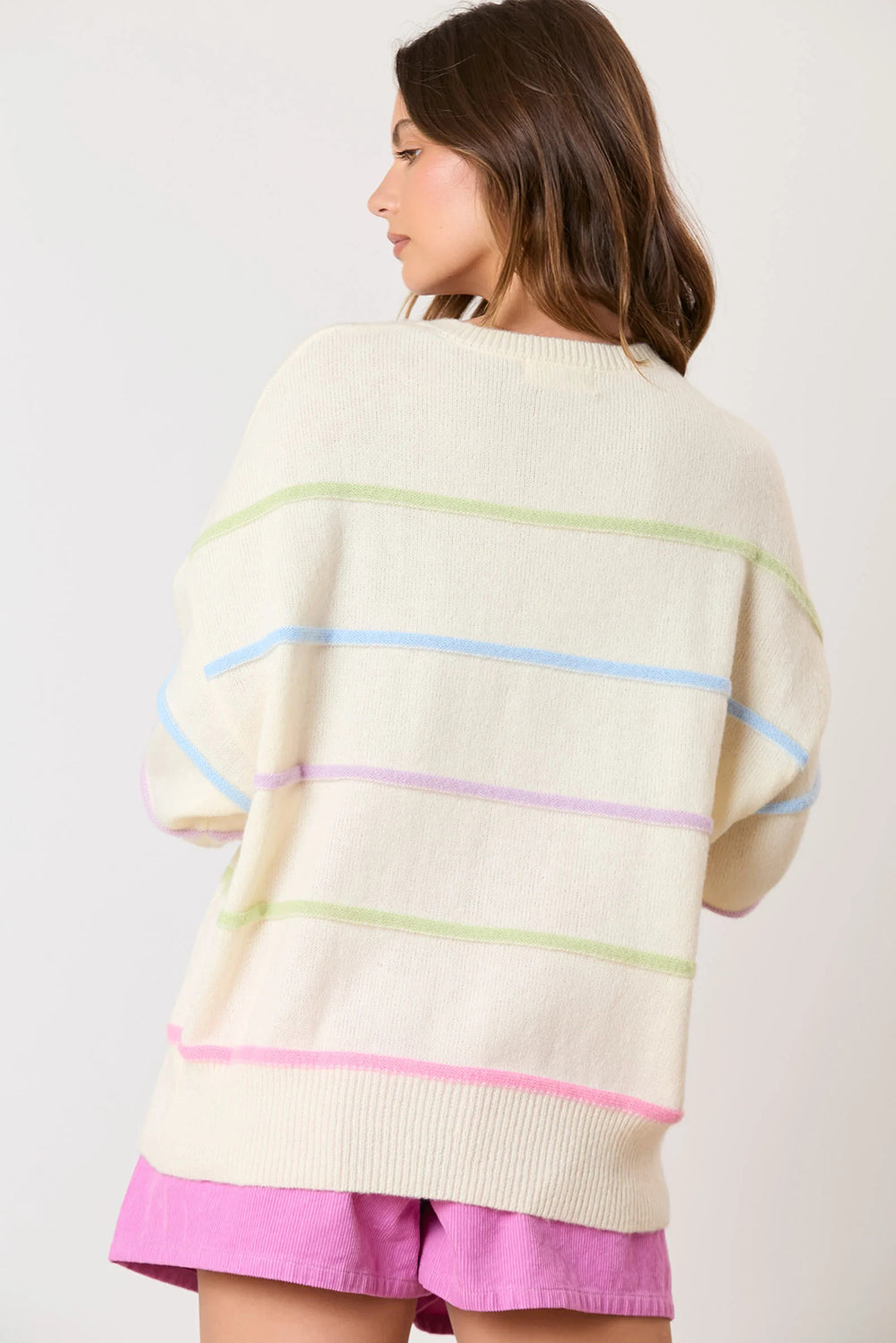 White Rainbow Striped Drop Sleeve Henley Sweater