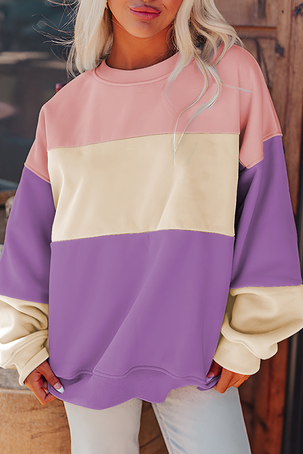 Bright Pink Colorblock Drop Shoulder Sweatshirt