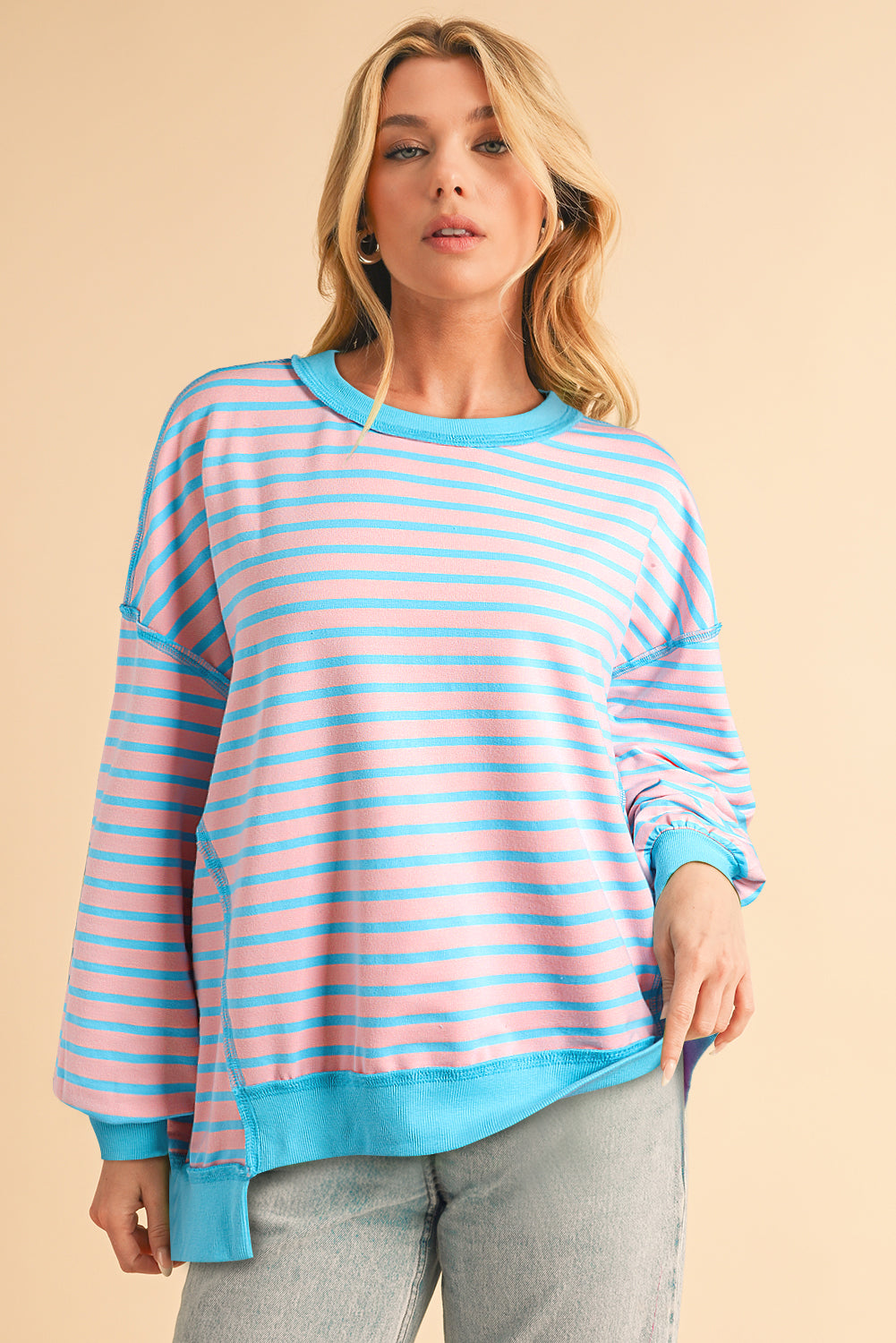 Sky Blue Stripe Contrast Trim High Low Tunic Sweatshirt