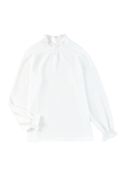 White Frill Smocked Casual Textured Bishop Sleeve Blouse