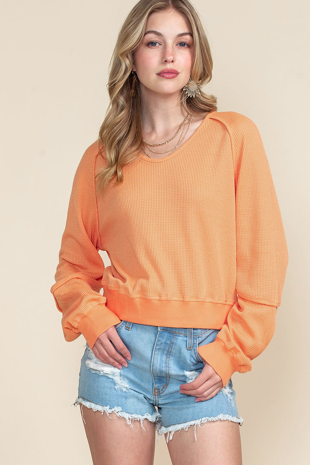 Orange Waffle Knit Exposed Seam Long Sleeve Top