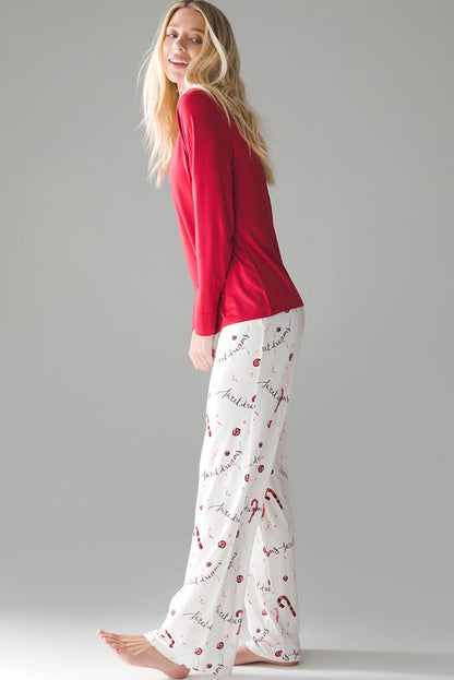 Red Solid Top and Christmas Print Pants Pajama Set