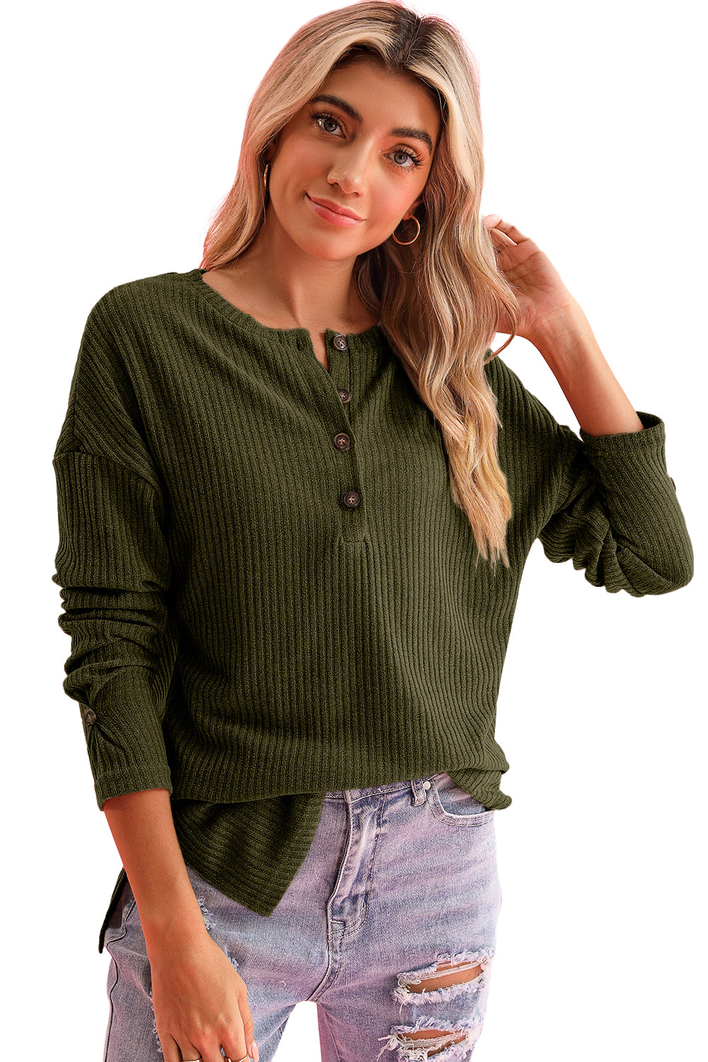 Rose Drop Shoulder Knit Long Sleeve Henley Top