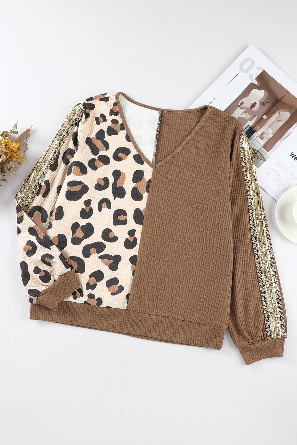 Brown Leopard Print Color Block Waffle Knit V Neck Long Sleeve Top