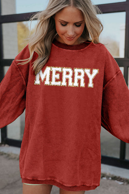 Racing Red MERRY Graphic Corded Long Sweatshirt