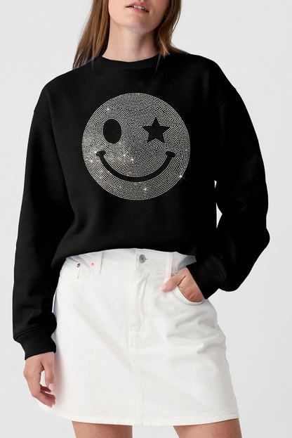 Black Rhinestoned Smile EMOJ Graphic Crew Neck Sweatshirt