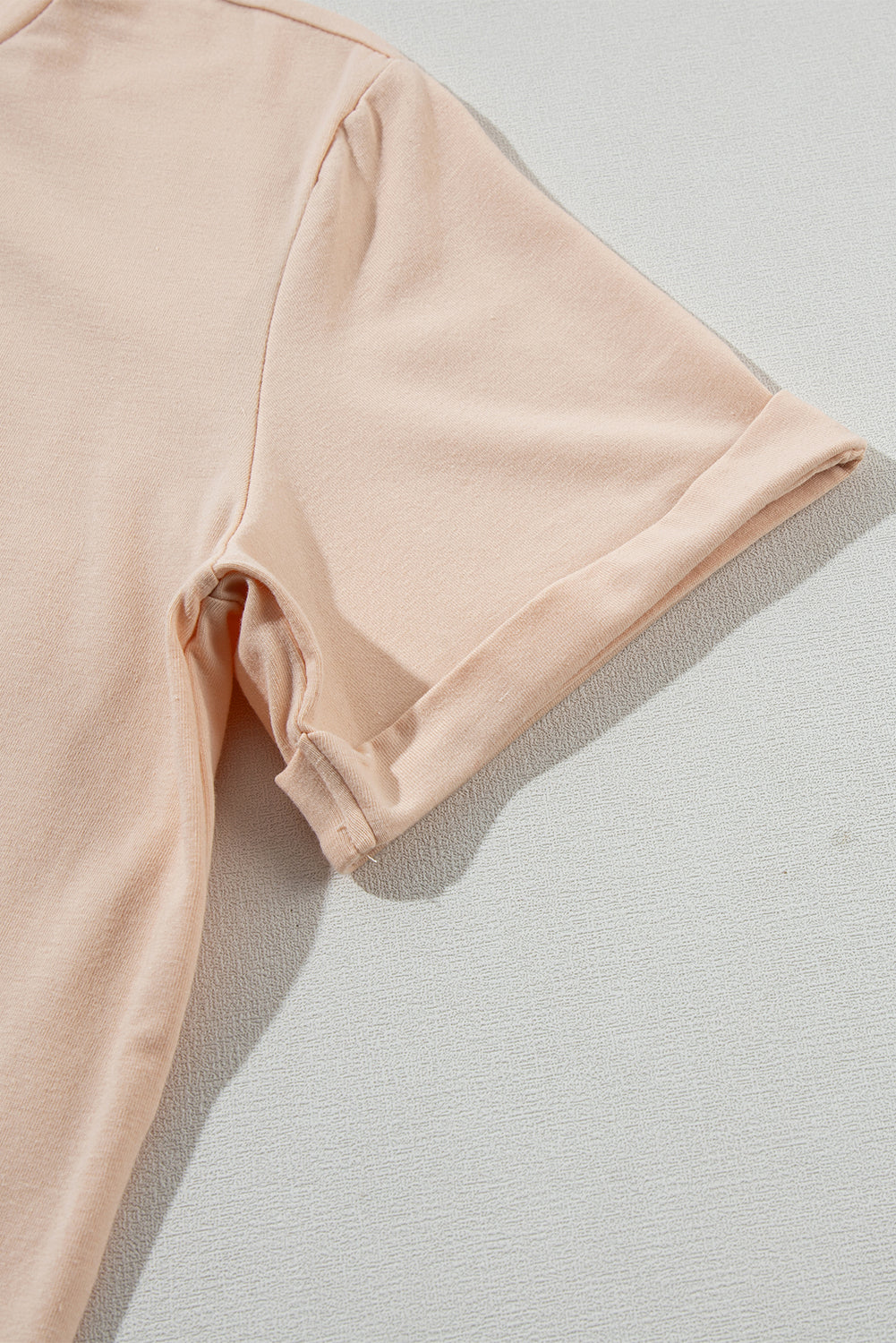 Rose Red Solid Color Crew Neck Roll Up Sleeve Tee