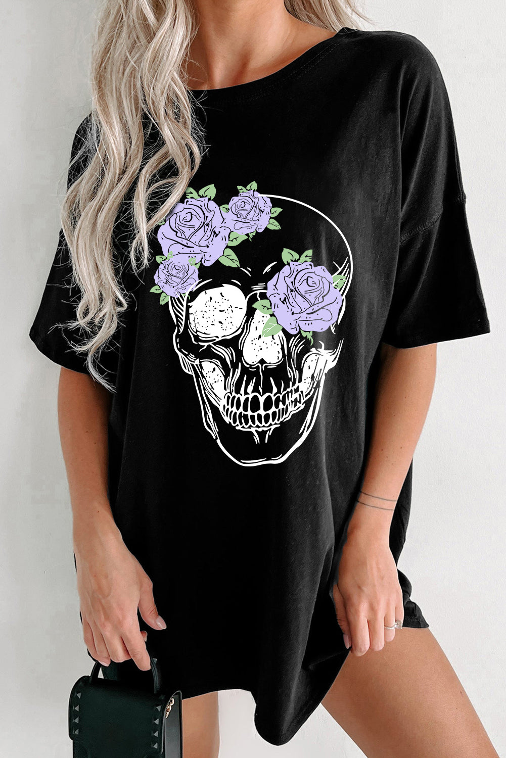 Black Floral Skull Graphic Halloween Tunic T Shirt