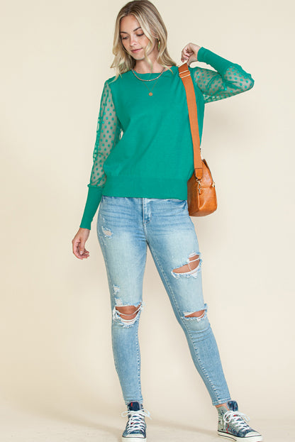 Green Dotted Mesh Puff Sleeve Top