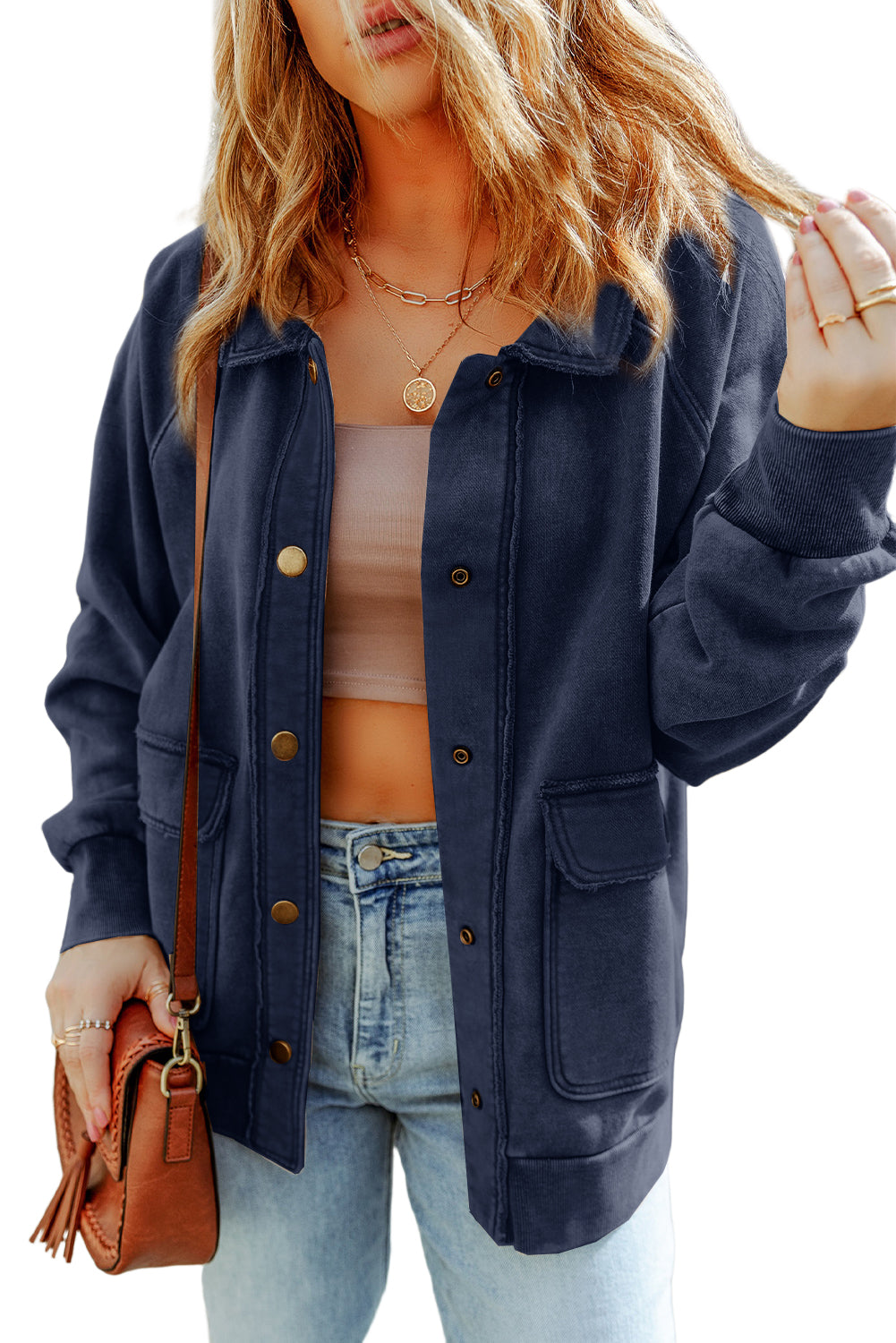 Dark Blue Snap Button Casual Flap Pockets Jacket