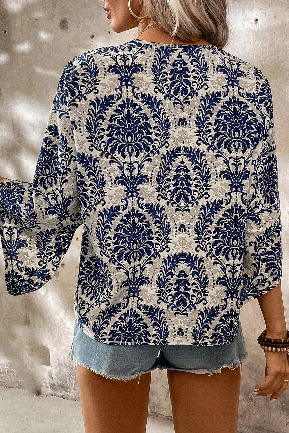 Blue Bohemian Print V Neck Flounce Sleeve Blouse