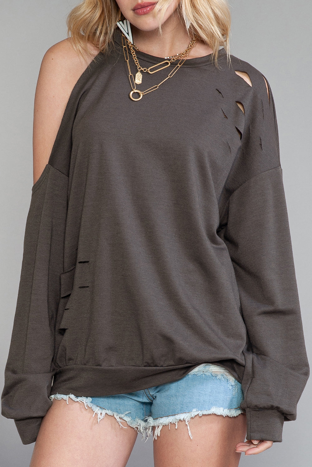 Grey Ripped Cold Shoulder Drop Sleeve Top