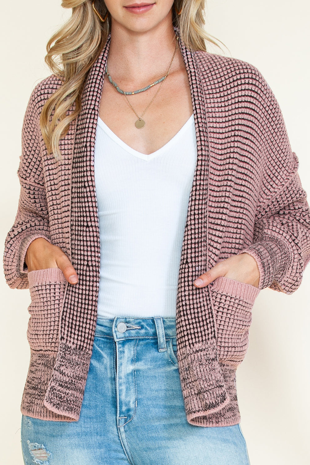 Apricot Chunky Knit Pockets Drop Sleeve Cardigan