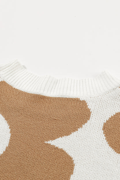 Khaki Floral Pattern Ribbed Trim Pullover Sweater