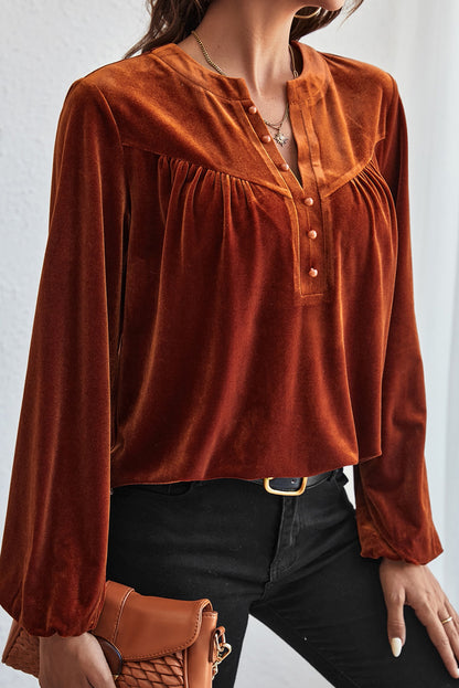 Skobeloff Velvet Henley Beaded Lantern Sleeve Top