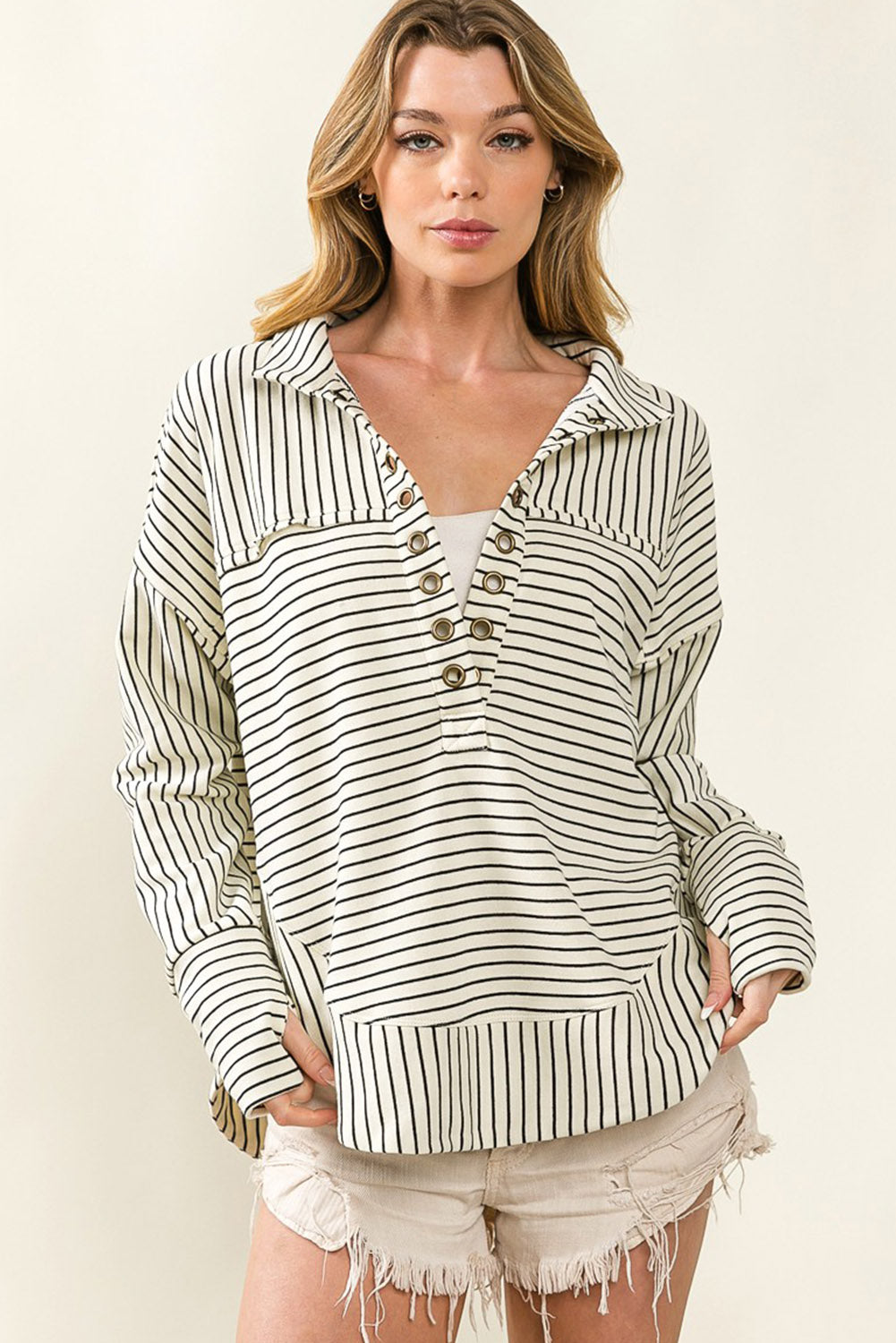 White and Black Striped Grommet Collared Thumbhole Long Sleeve Top