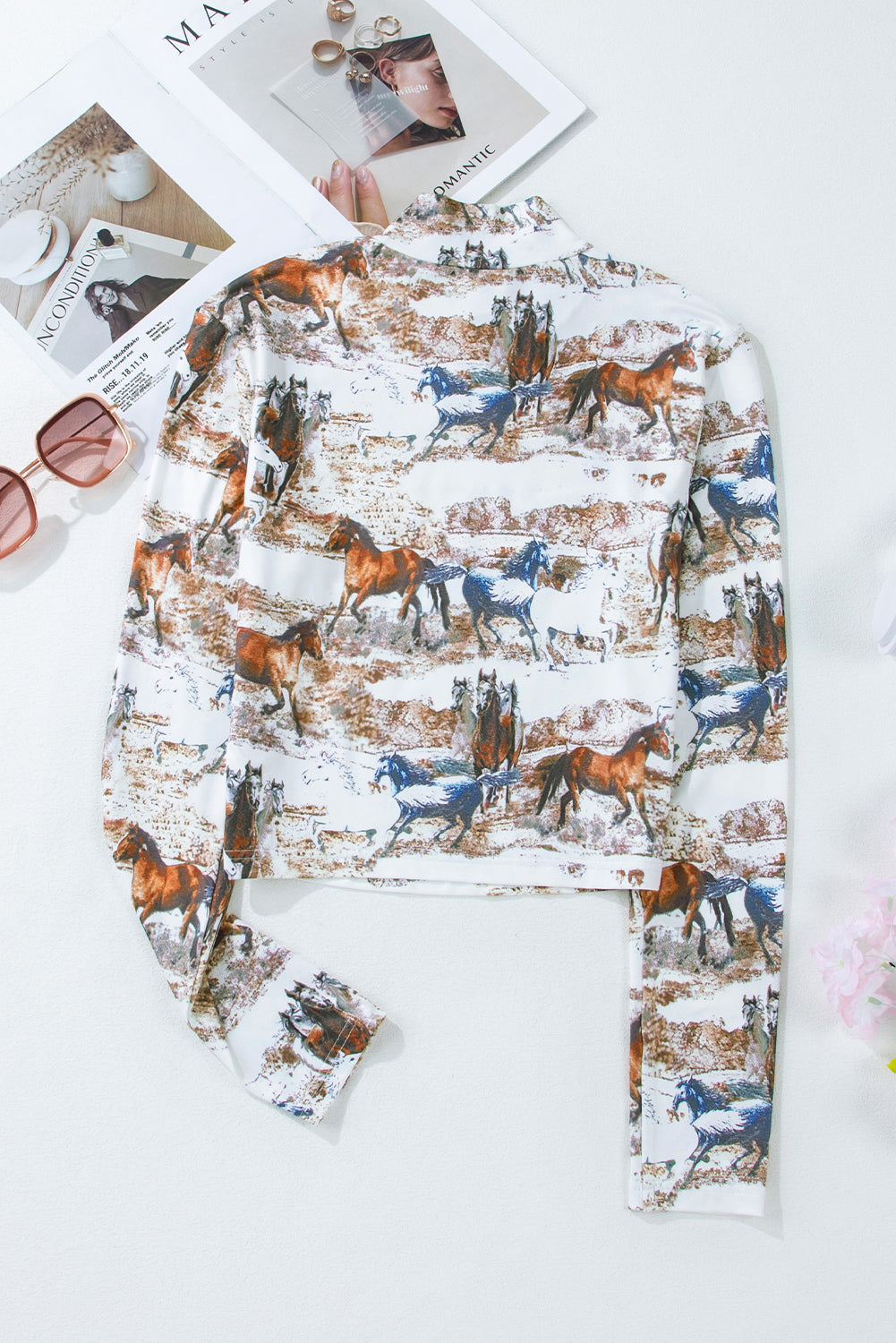 Brown Horses Print Cut-out Mock Neck Top