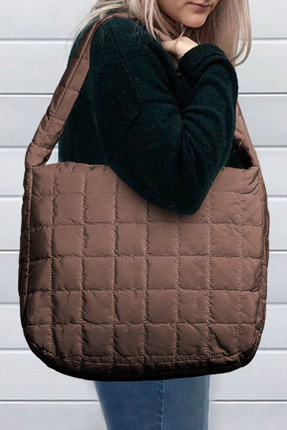 Coffee Casual Quilted Zipper Large Shoulder Bag