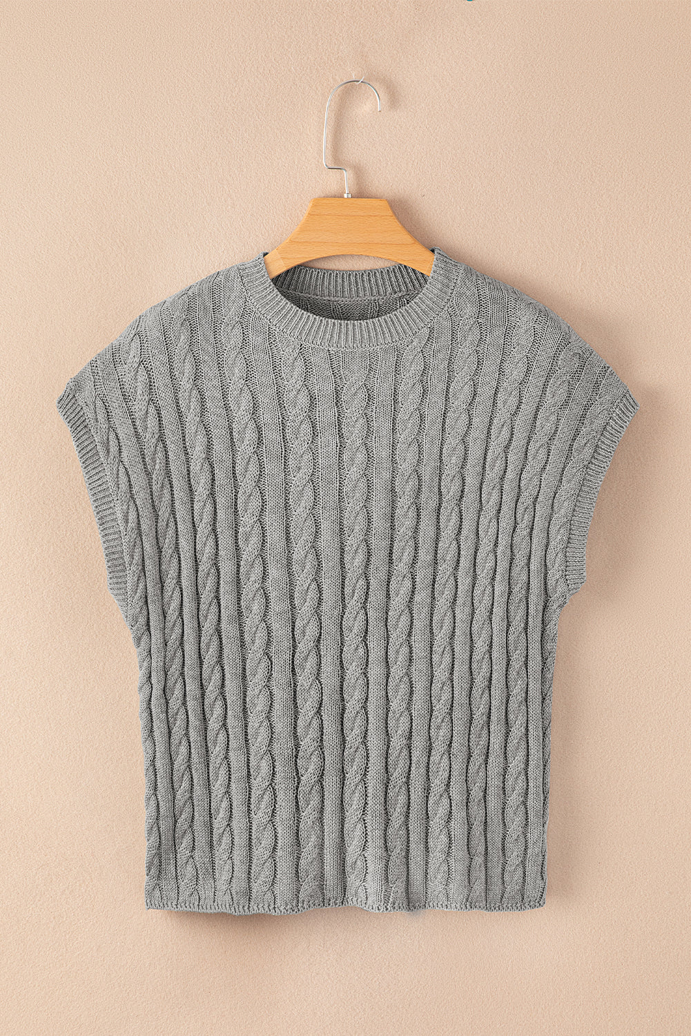 Black Crew Neck Cable Knit Short Sleeve Sweater