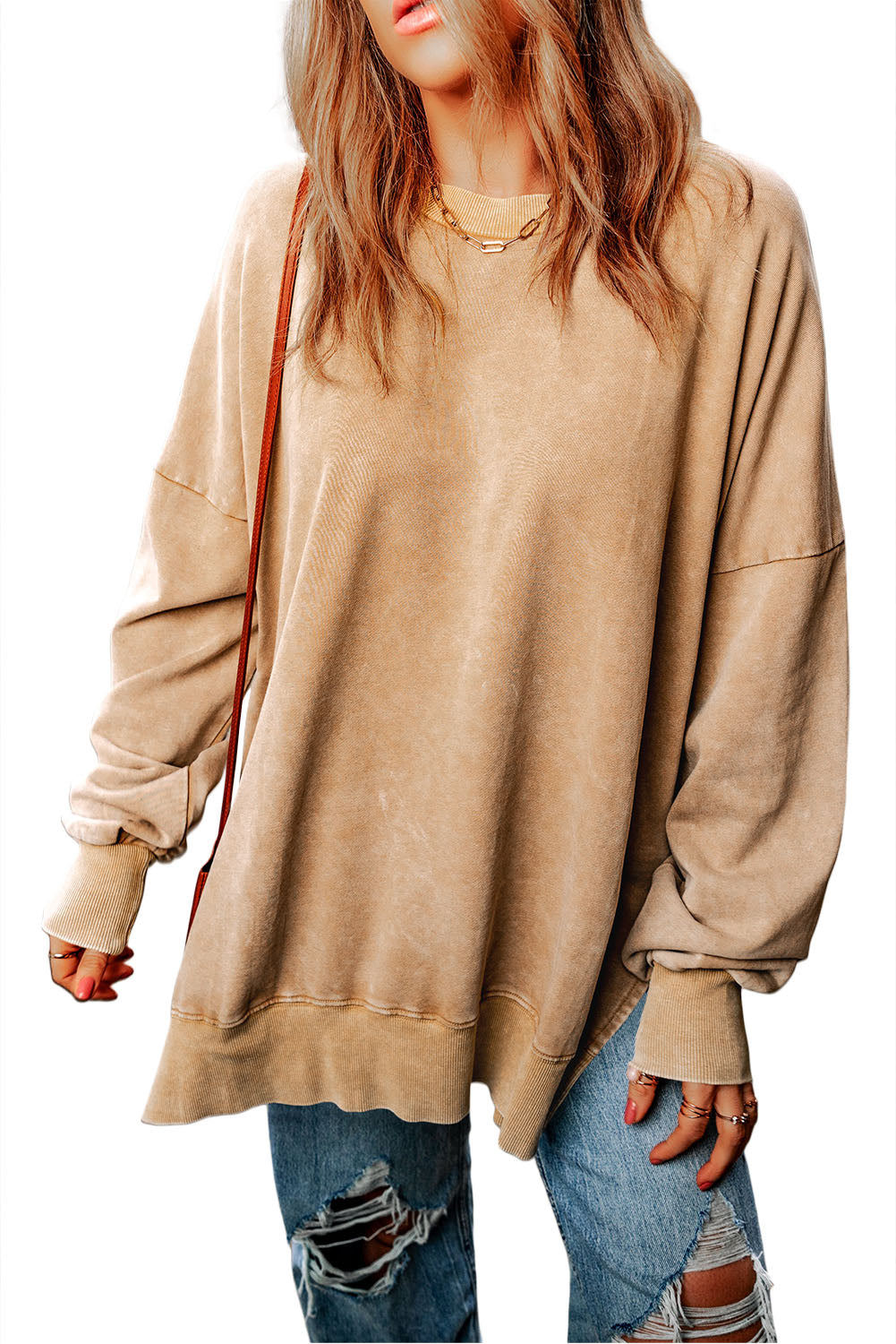 Pink Plain Drop Shoulder Trim Oversized Sweatshirt