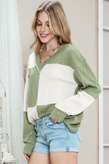 Green and Beige Color Block Textured V Neck Long Sleeve Top