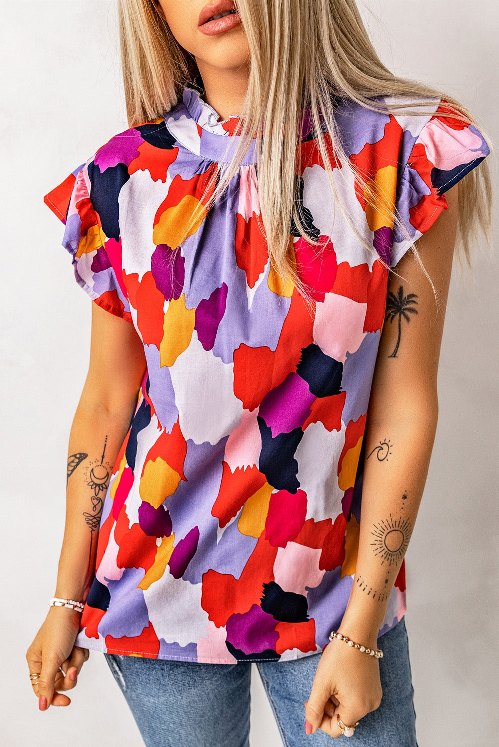 Multicolor Mock Neck Top Ruffle Sleeve Short Sleeve Blouse