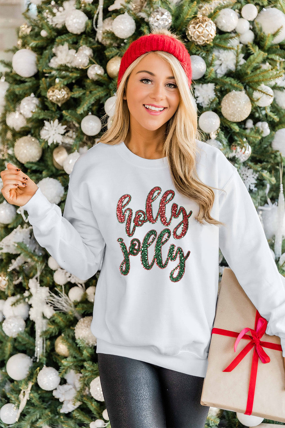 White Christmas Sequined Holly Jolly Graphic Sweatshirt