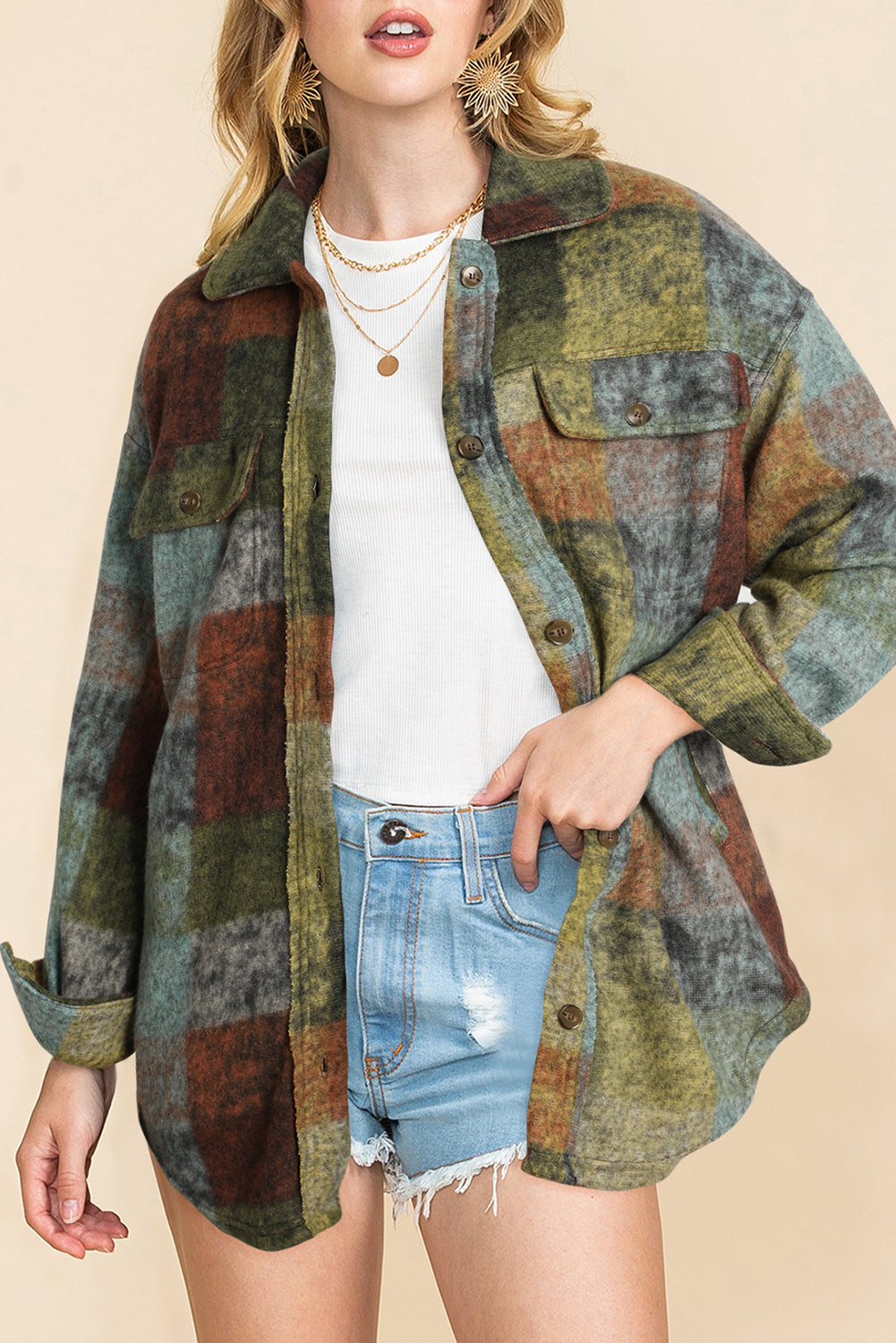 Multicolor Brushed Plaid Pocketed Oversize Shacket