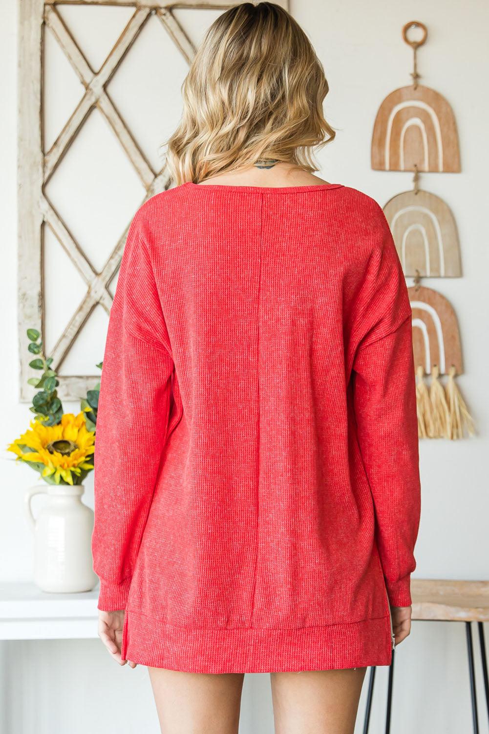 Red Waffle Knit Side Slit Pullover Long Sleeve Top