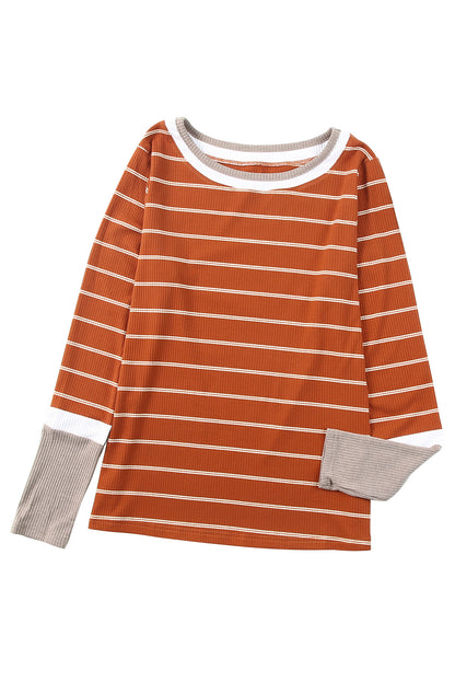 Brown Contrast Spliced Color Block Cuffs Rib Knit Top