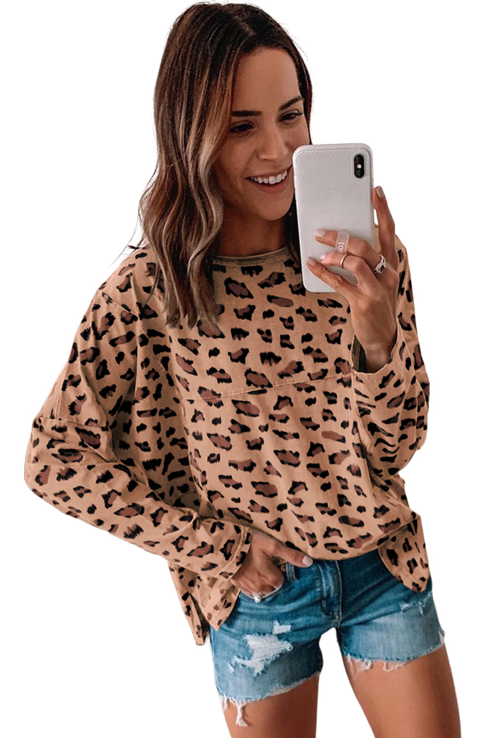 Brown Leopard Stitching Loose Long Sleeve Top