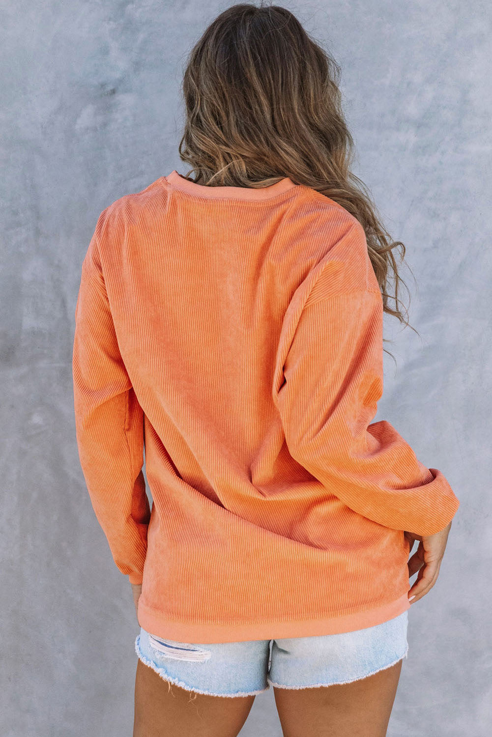 Orange Pumpkin Letter Print Oversized Corduroy Sweatshirt