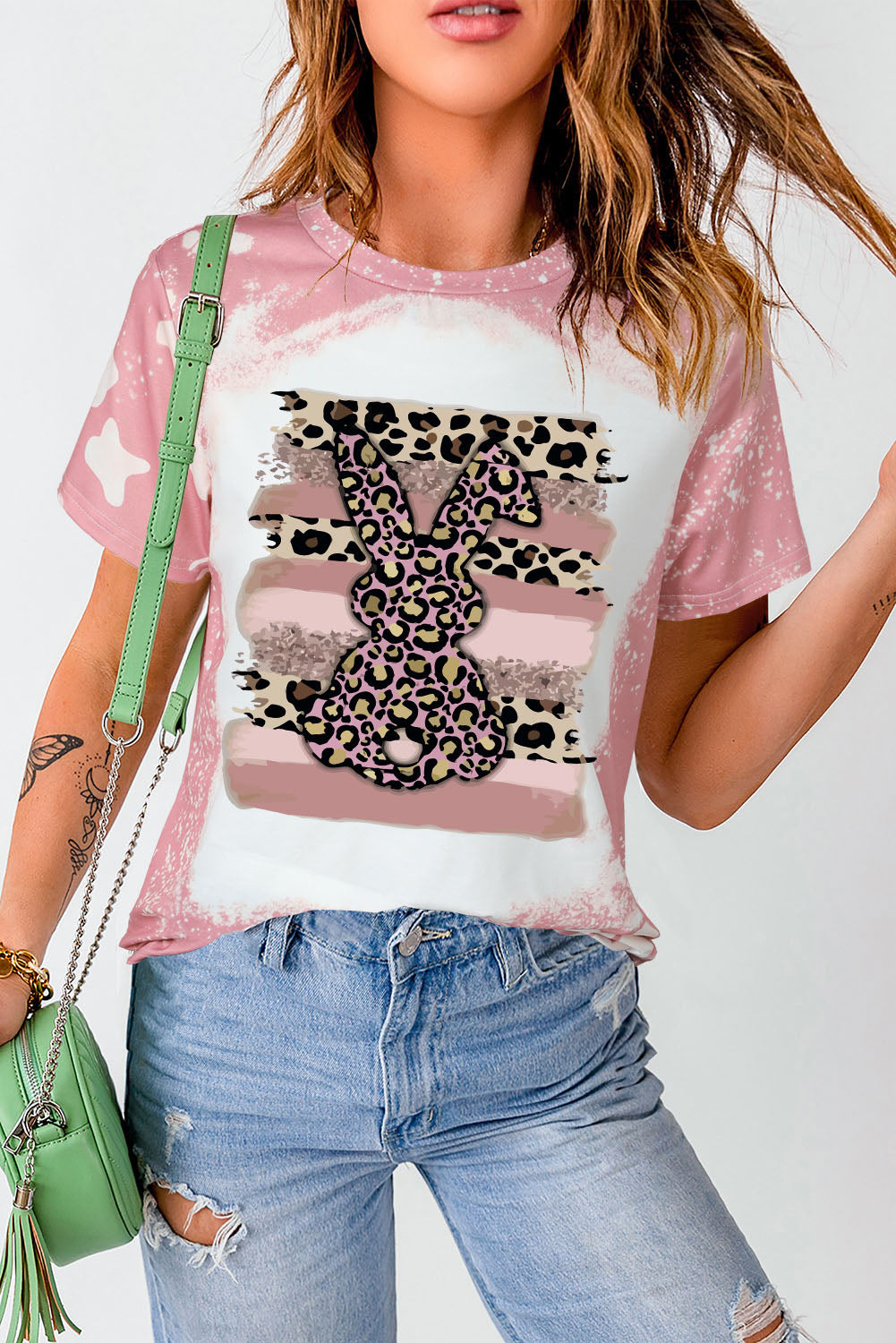 Pink Easter Rabbit Leopard Tie Dye Graphic T Shirt