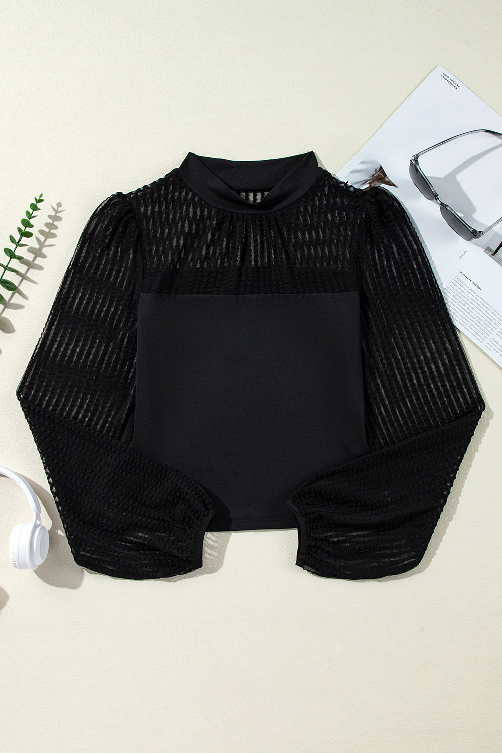 Black Stand Collar Striped Mesh Lantern Sleeve Top