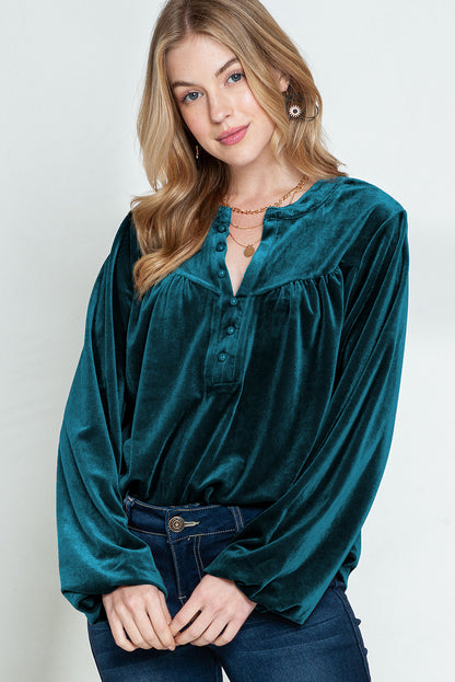 Skobeloff Velvet Henley Beaded Lantern Sleeve Top