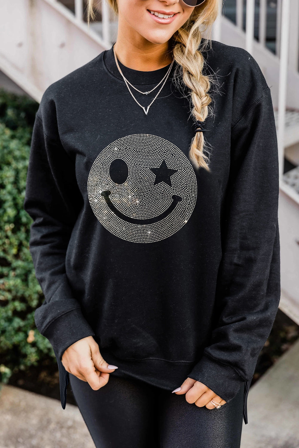 Black Rhinestone Smile Face Pattern High Low Hem Sweatshirt