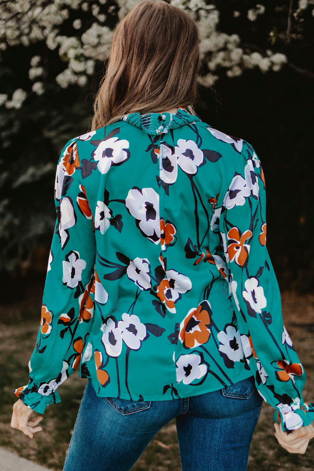 Green Mock Neck Top Floral Print Long Sleeve Silk Blouse