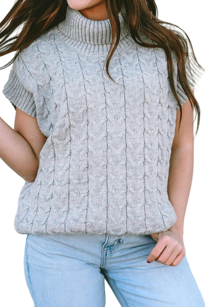 Light Beige Turtleneck Short Batwing Sleeve Cable Knit Sweater