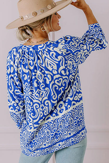 Blue Boho Abstract Print 3/4 Sleeve Tie Neck Blouse