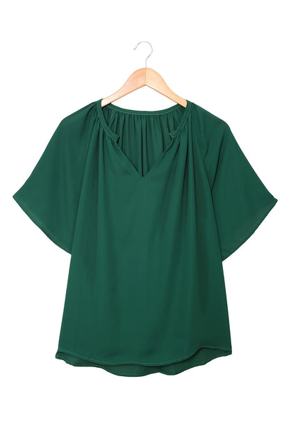 Green Casual Split Neck Pleated Loose Blouse