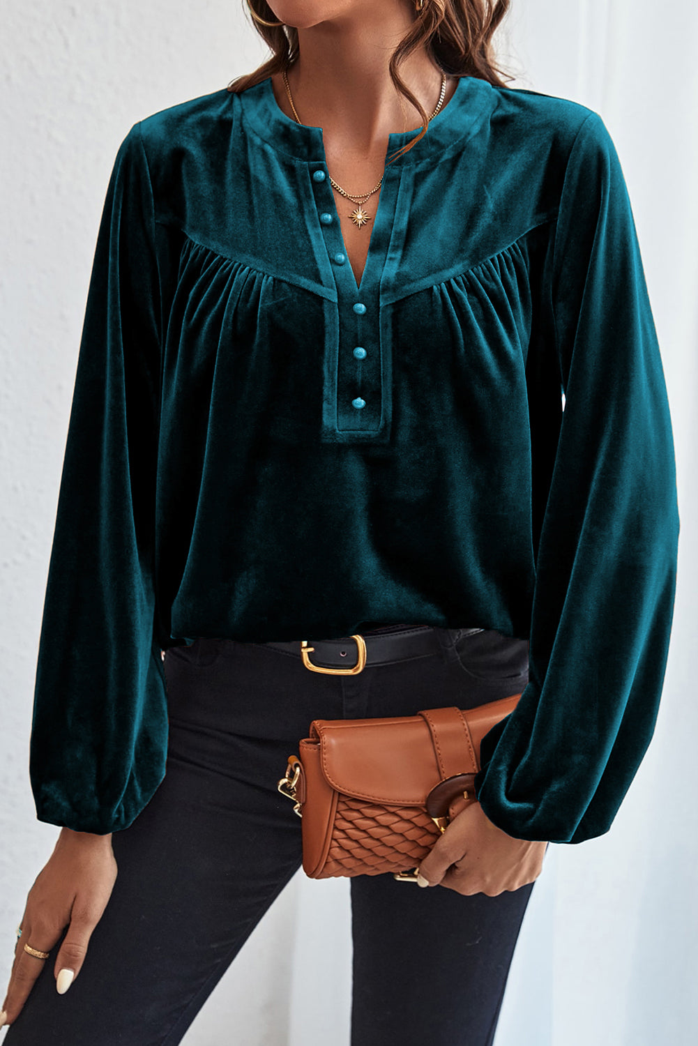 Skobeloff Velvet Henley Beaded Lantern Sleeve Top