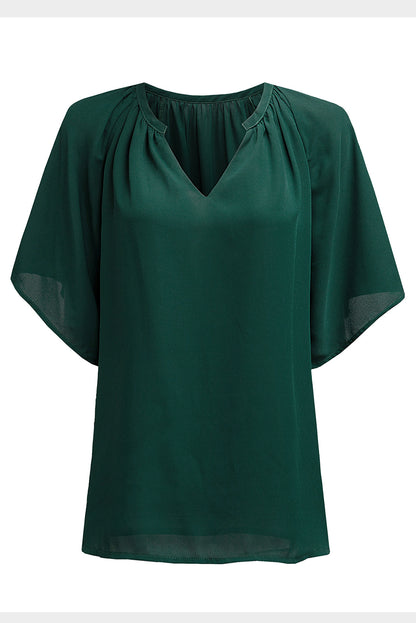 Green Casual Split Neck Pleated Loose Blouse