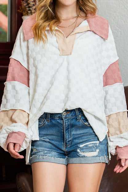 White Patchwork Lantern Sleeve Collared Top