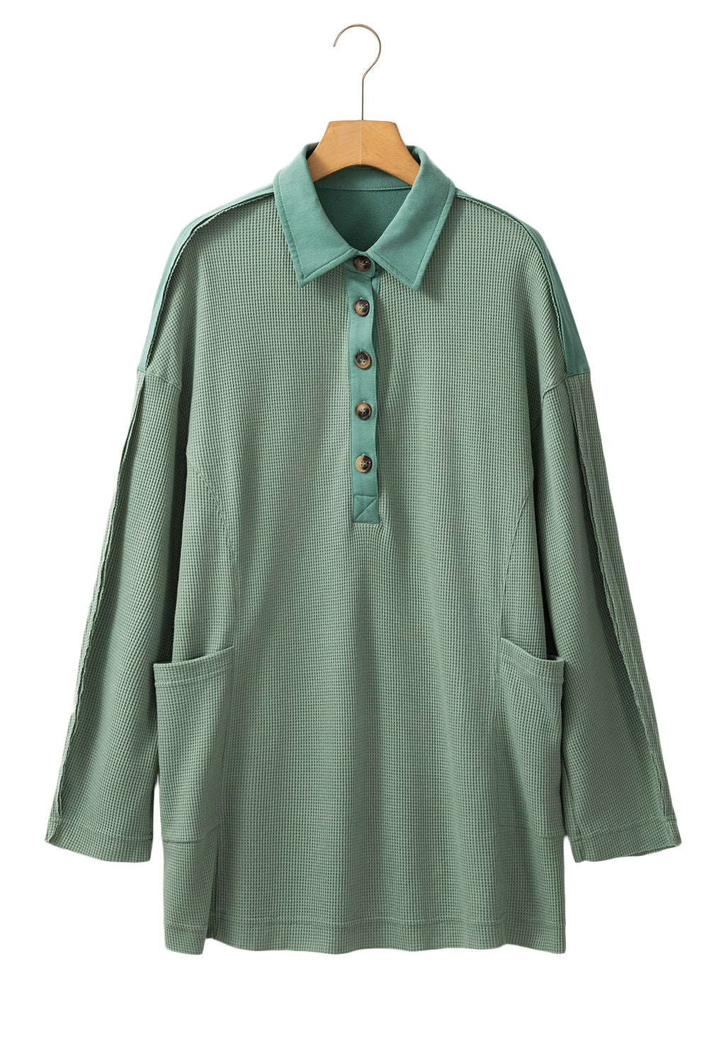 Smoke Green Waffle Patchwork Drop Sleeve Henley Top