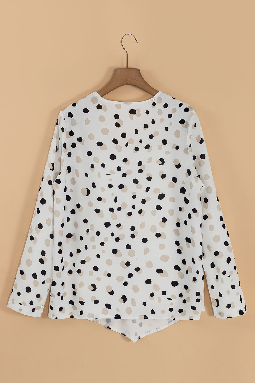 Green Dotted Print Button Front V Neck Blouse