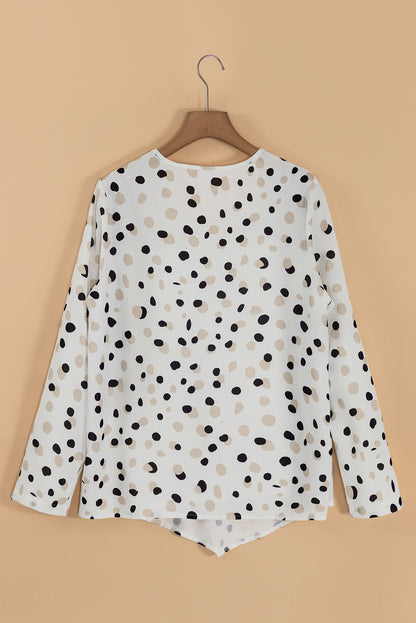 Green Dotted Print Button Front V Neck Blouse