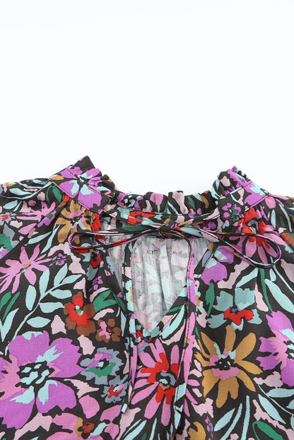 Multicolor Floral Boho Tie V Neck Peasant Blouse