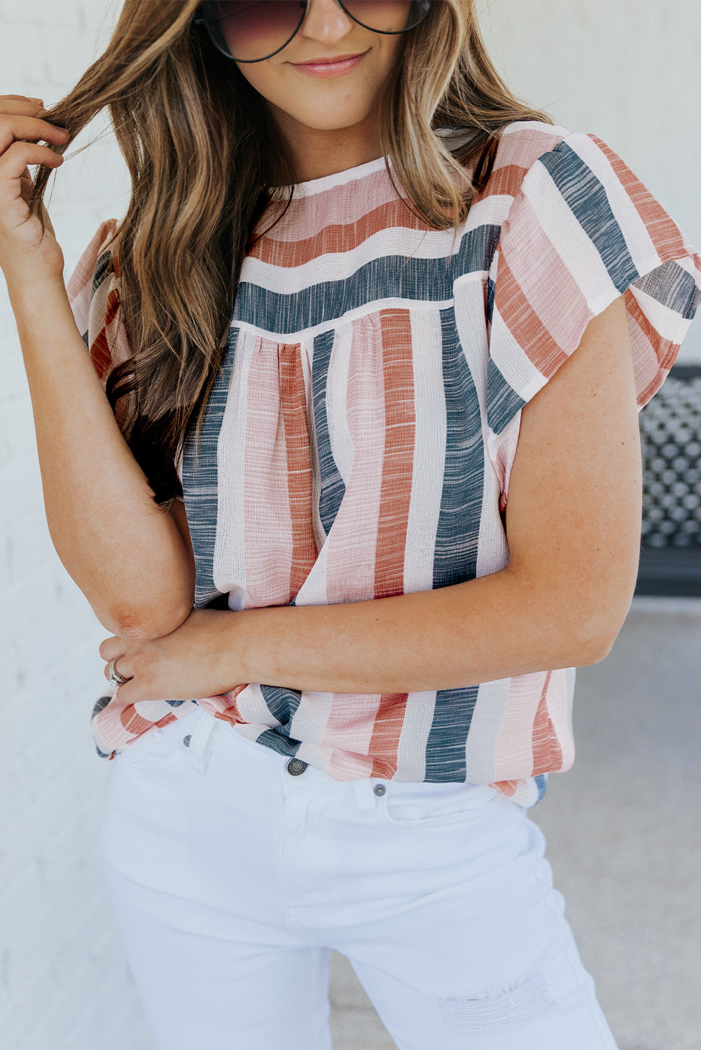 Pink and Blue Stripes Shirt Flutter Sleeve V Neck Blouse