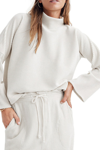 White Plain Mock Neck Drop Shoulder Ribbed Top